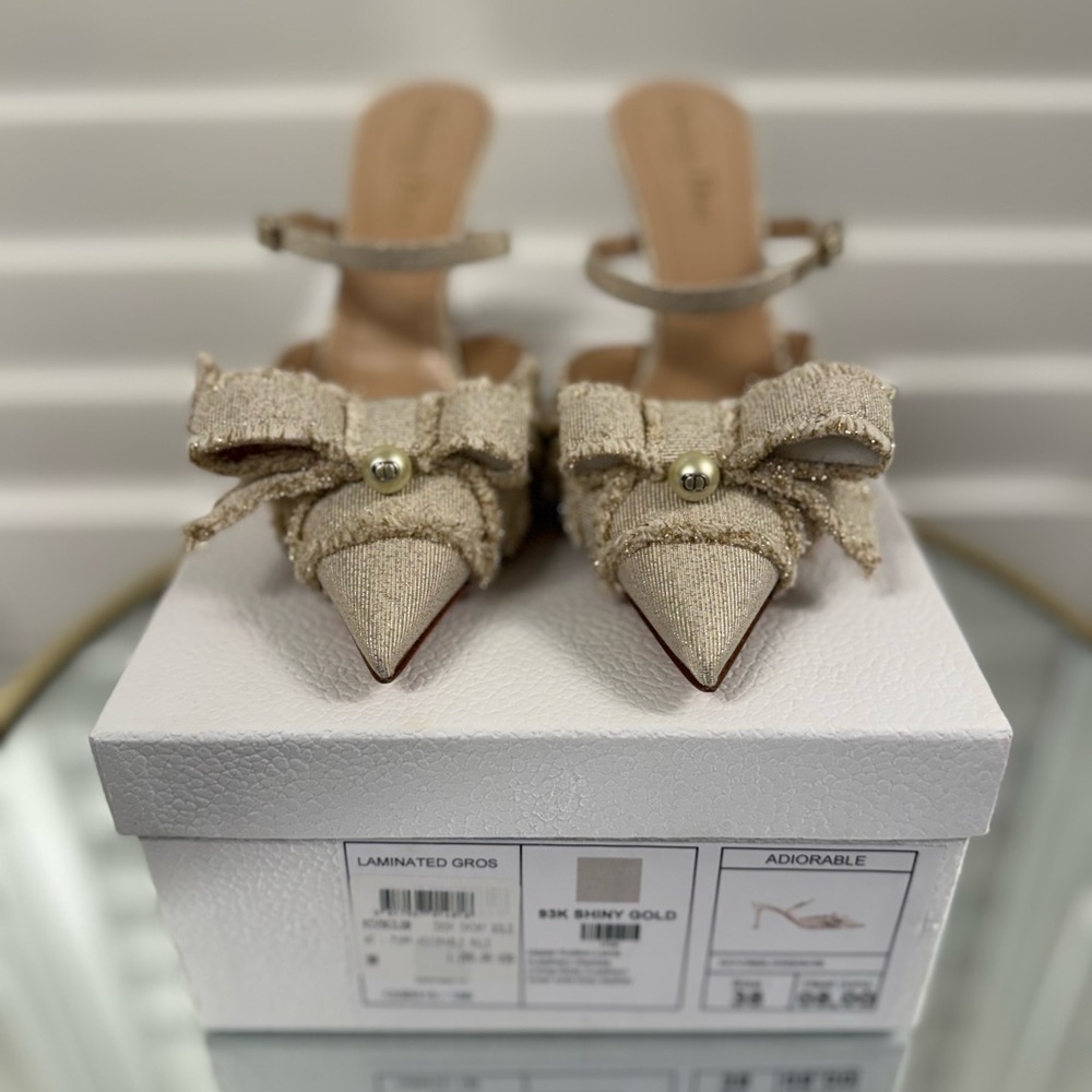 CHRISTIAN DIOR Laminated Grosgrain Pearl Fringe Adiorable Mule 38 Shiny Gold - Picture 12 of 12